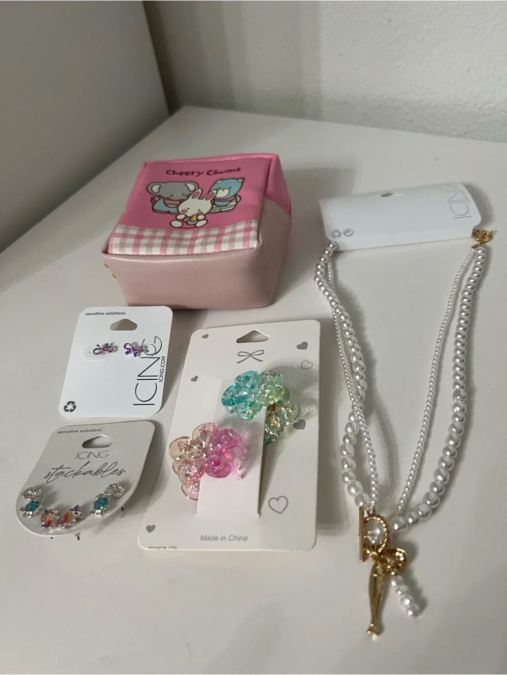 Icing Pink Cherry Charm Pouch with Pearl Necklace & Colorful Hair Clips